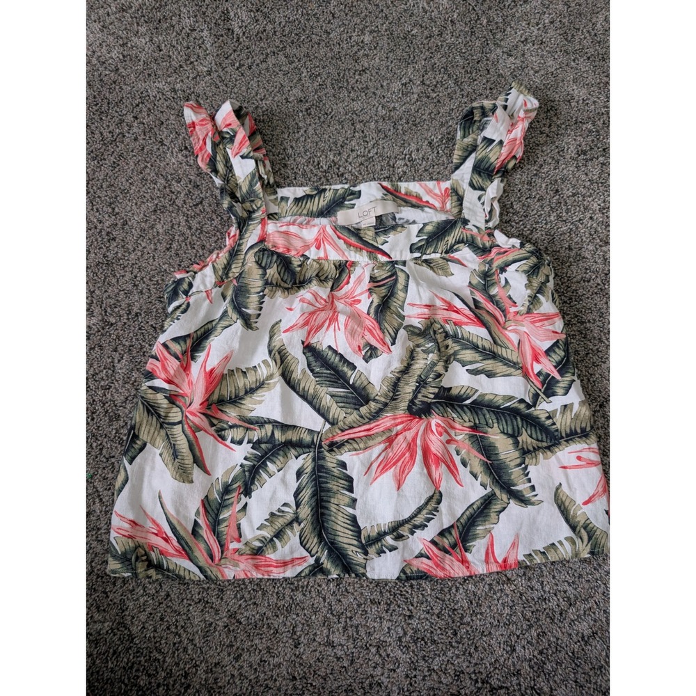 Loft Tropical Bird of Paradise Ruffle Strap Tank Top‎ White Pink XS